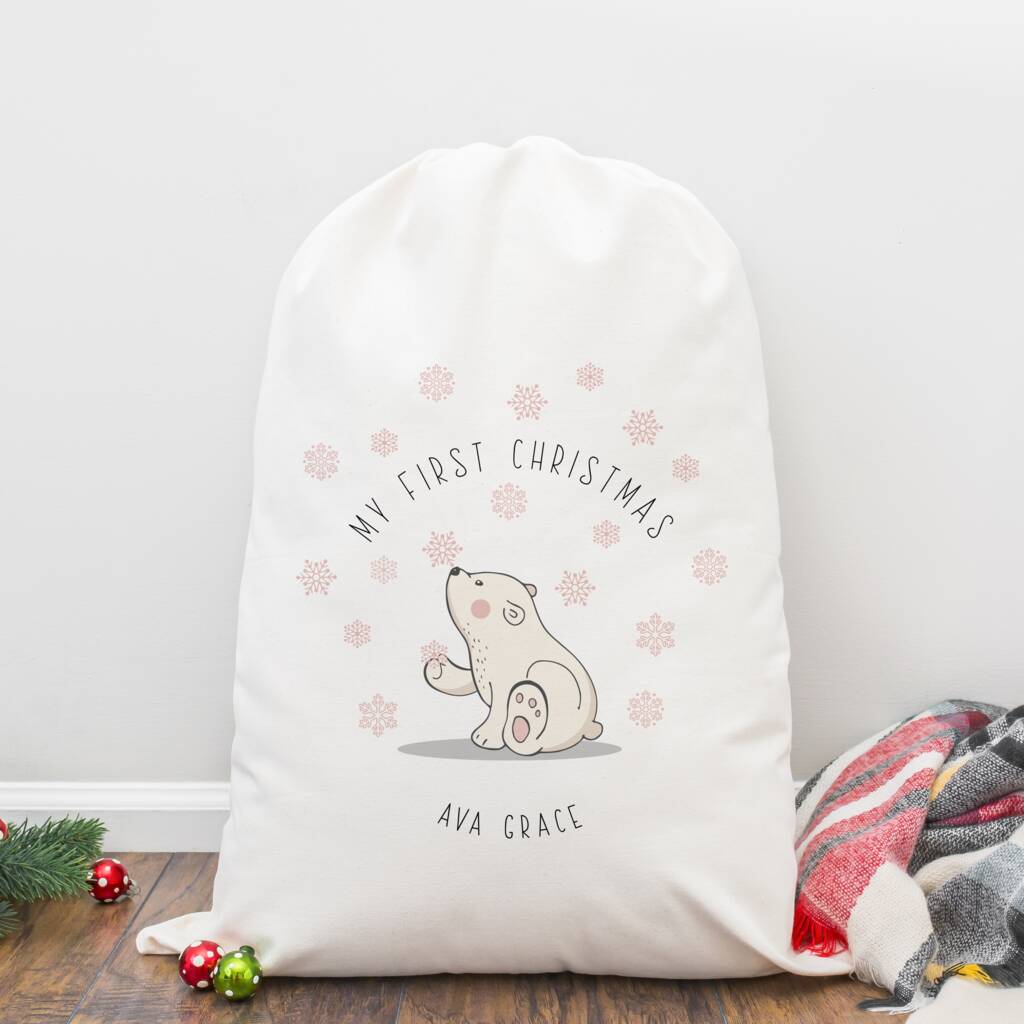 Personalised Pink Polar Bear My First Christmas Sack