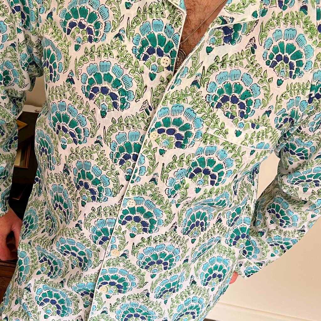 Mens Cotton Pyjamas In Blue And Green Print, 1 of 11