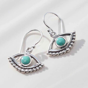 Sterling Silver Gemstone Evil Eye Dangly Earrings, 9 of 10