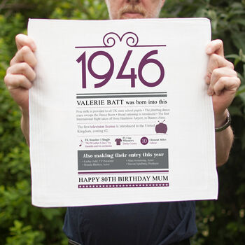 Personalised 80th Birthday Gift 1946 Handkerchief Pair, 3 of 12