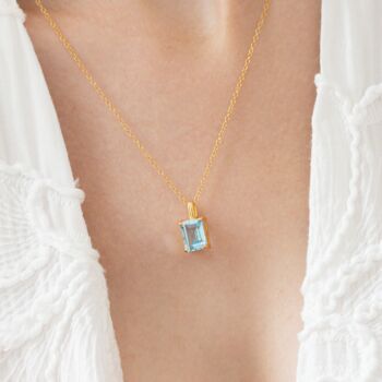 Blue Topaz Emerald Cut Pendant Necklace In Sterling Silver And Gold, 7 of 11