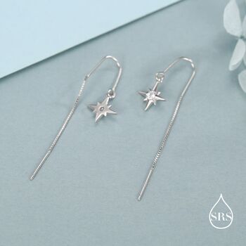Sterling Silver Cz Starburst U Shape Threader Earrings, 4 of 11
