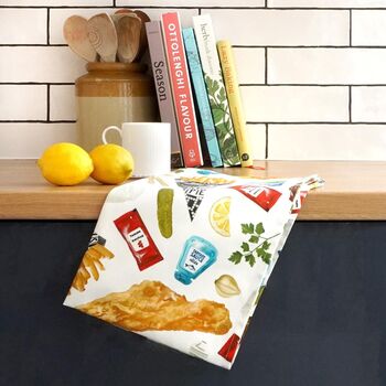 Fish And Chips Gift Set / Tea Towel And Socks / Foodie Birthday Gift, 3 of 8
