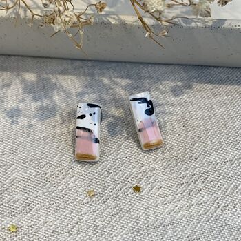 Baby Pink And Gold Pink Ceramic Bar Stud Earrings Abstract Splatter Minimalist Studs, 7 of 11