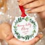 Mummy Daddy And Bump Personalised Christmas Decoration Mistletoe Bauble, thumbnail 1 of 4