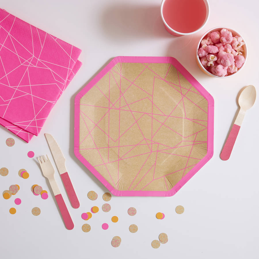 geometric design kraft and neon pink paper plates by ginger ray