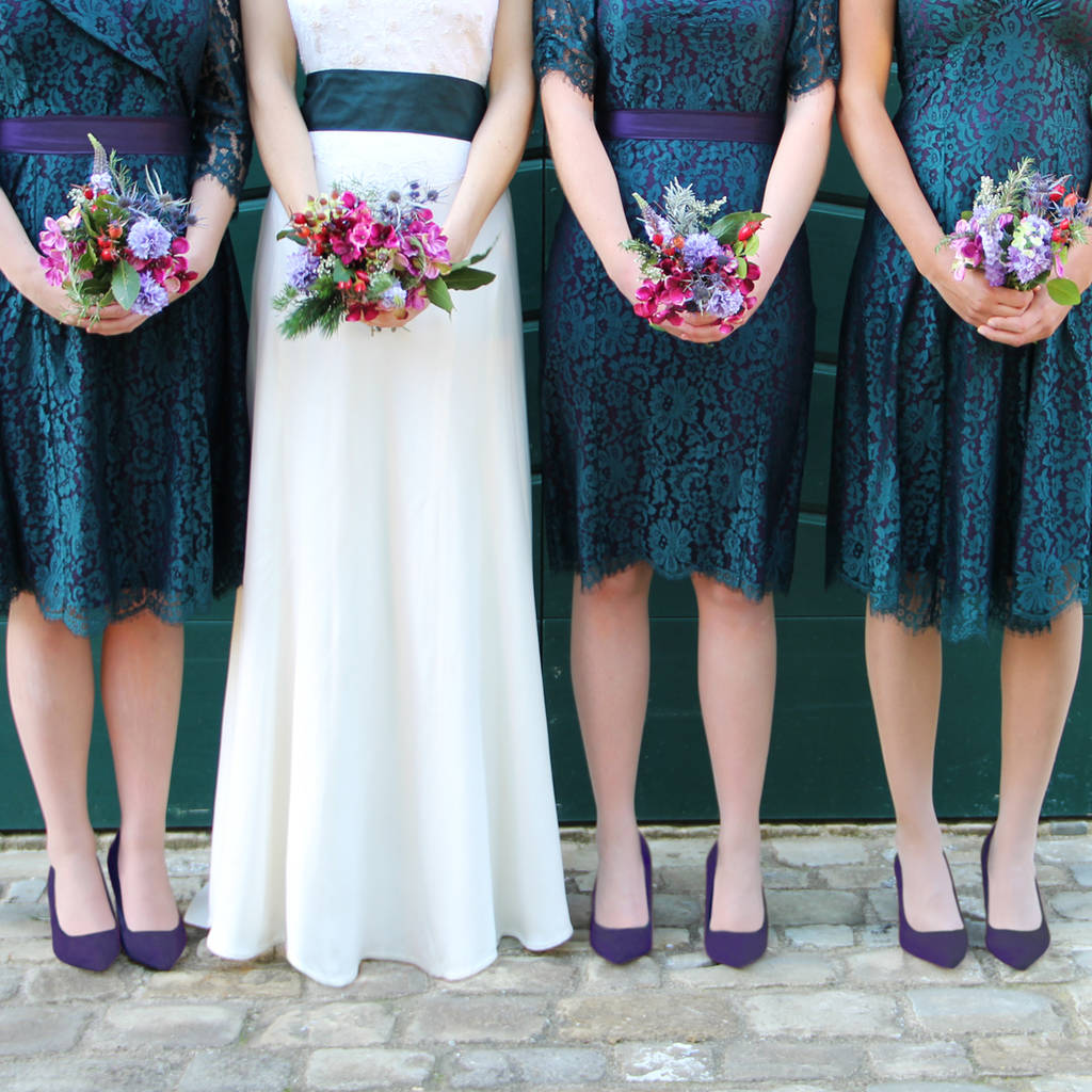 Lace Bridesmaids Dresses In Emerald And Blackcurrant, 1 of 8