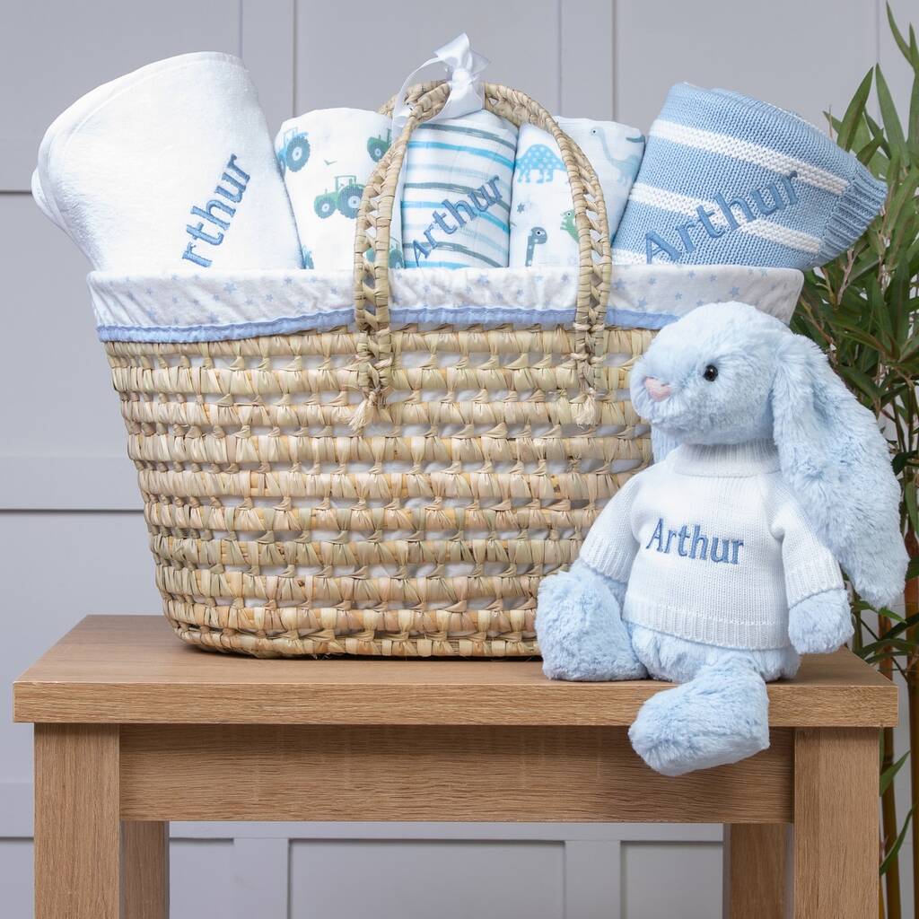 Personalised Blue Baby Gift Basket With Bashful Bunny, 1 of 4