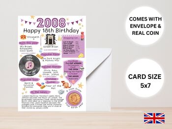18th Birthday Card With 2008 Coin And Envelope Choose Your Colour, 3 of 3