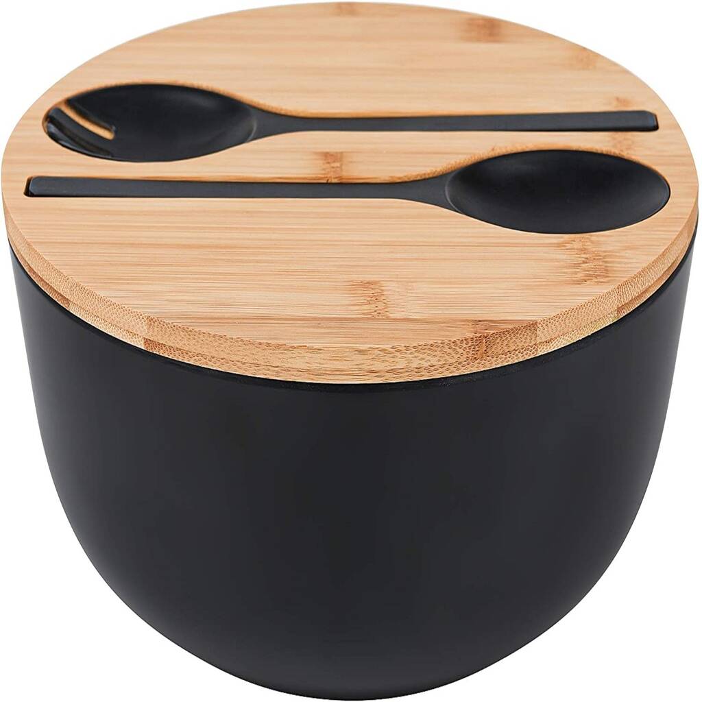 Black Solid Bamboo Salad Wooden Bowl With Server Set, 1 of 8
