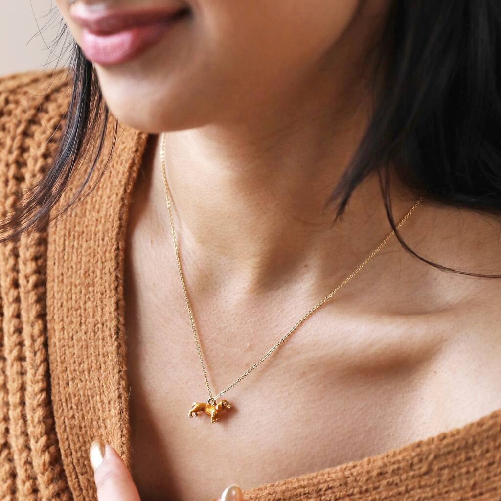 Sausage Dog Enamel Pendant Necklace In Gold Plating By Lisa Angel