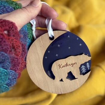 Starry Bear Wood Personalised Christmas Decoration, 7 of 7