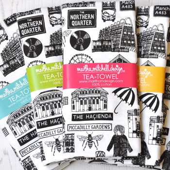 Manchester Illustrated Black And White Tea Towel, 5 of 7