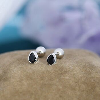 Sterling Silver Extra Tiny Black Cz Droplet Screw Back Earrings, 2 of 10