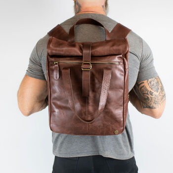 Vintage Style Brown Roll Top Backpack For Laptop, 6 of 11