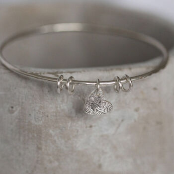 Sterling Silver Textured Heart Charm Bangle, 2 of 5