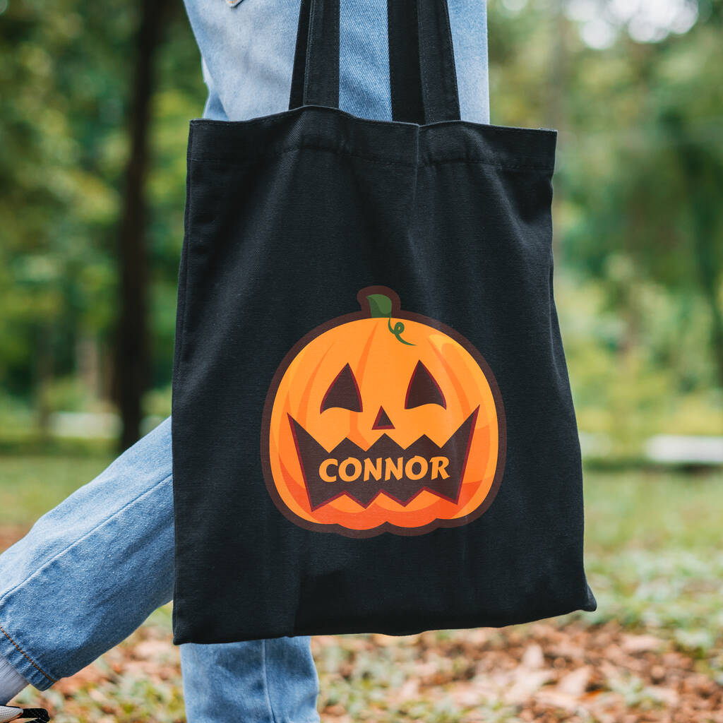 Personalised Pumpkin Halloween Treats Black Tote Bag, 1 of 3