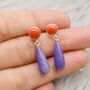 Purple Jade, Red Coral Drop Earrings, thumbnail 2 of 8
