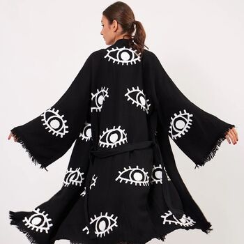 Long Organic Cotton Robe: Black With White Eye, 3 of 4