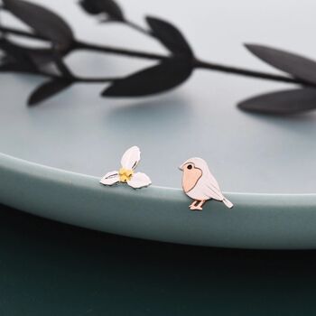 Mismatched Robin Bird And Holly Stud Earrings In Sterling Silver, 10 of 11