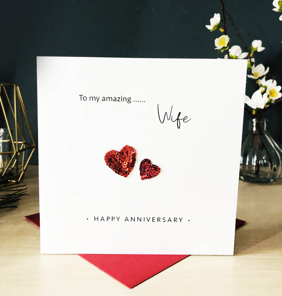 Embroidered Hearts Wedding Anniversary Card For Wife
