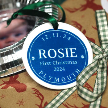 Ceramic Blue Plaque Baby's First Christmas Tree Decoration, 2 of 3