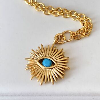 Gold Plated Sunburst Turquoise Evil Eye Necklace, 2 of 3