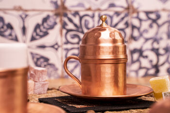 Turkish Copper Coffee Cup Set With Plates And Lids – Handmade Six Piece Gift For Two, 7 of 9