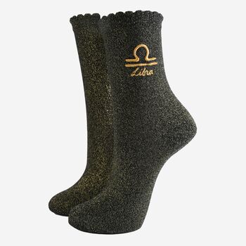 Women's Glitter Socks Black Gold Zodiac Libra, 2 of 5