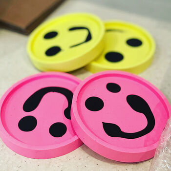 Smiley Face Coasters/ Trays Neon Yellow Set Of Two, 5 of 11