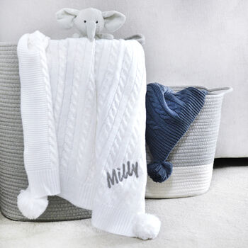 Personalised Cable Knit Pom Pom Blanket White, 5 of 11