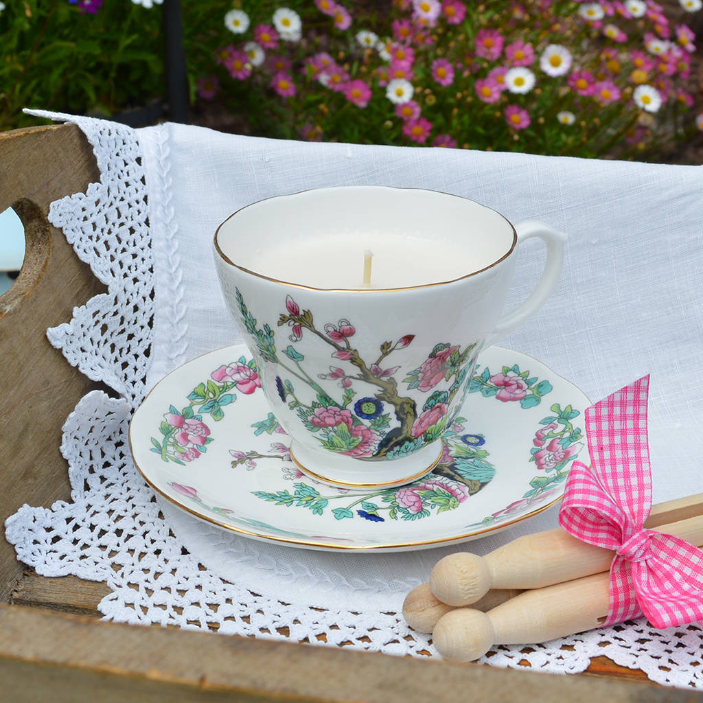 Vintage Teacup Candle Strawberries And Cream Scent By Andrea Fays