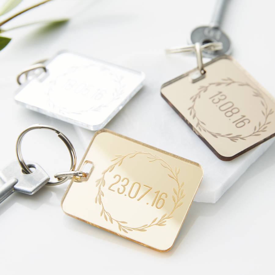 Image of Personalised Special Date Mirrored Keyring, Silver/Gold/Bronze