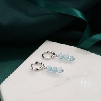 Sterling Silver Genuine Blue Chalcedony Stone Trio Huggie Hoop Earrings, 2 of 10