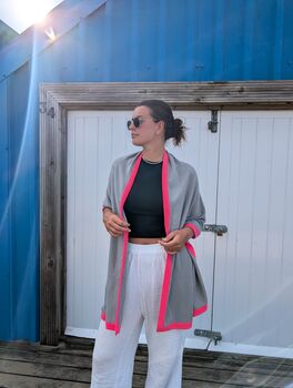 Grey Neon Pink Accent 100% Cashmere Travel Wrap Shawl Gift Boxed, 3 of 5