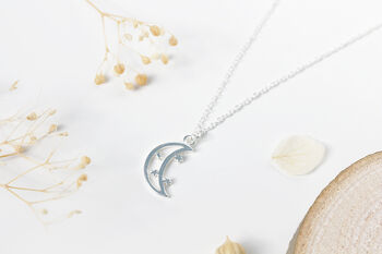 Celestial Crescent Moon And Stars Sterling Silver Necklace, 2 of 4