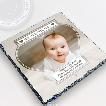 Hello Little One New Baby Gift Personalised Rock Photo Slate, 2 of 6