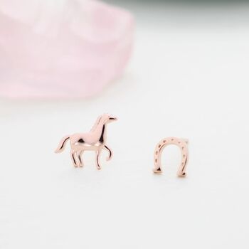 Sterling Silver Mismatched Running Horse And Horseshoe Stud Earrings, 7 of 12