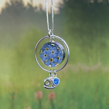 Sterling Silver Handmade Real Flower Necklace With Personalised Birthstone And Zodiac Charm, 6 of 12