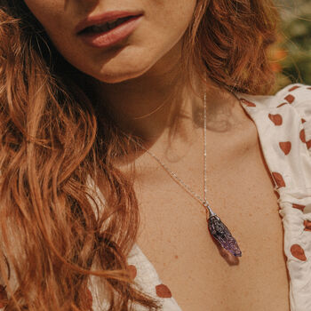 925 Silver Raw Amethyst Wrapped Pendant Necklace, 6 of 9