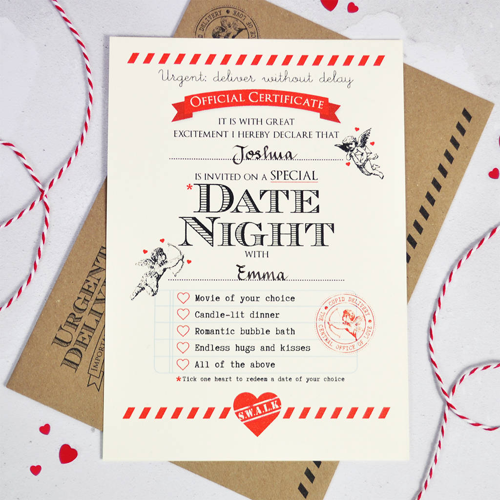 Personalised Date Night Certificate By Eskimo Kiss Designs