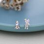 Mismatched Astronaut And Rocket Stud Earrings In Sterling Silver With Lab Moonstone, thumbnail 7 of 12