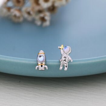 Mismatched Astronaut And Rocket Stud Earrings In Sterling Silver With Lab Moonstone, 7 of 12