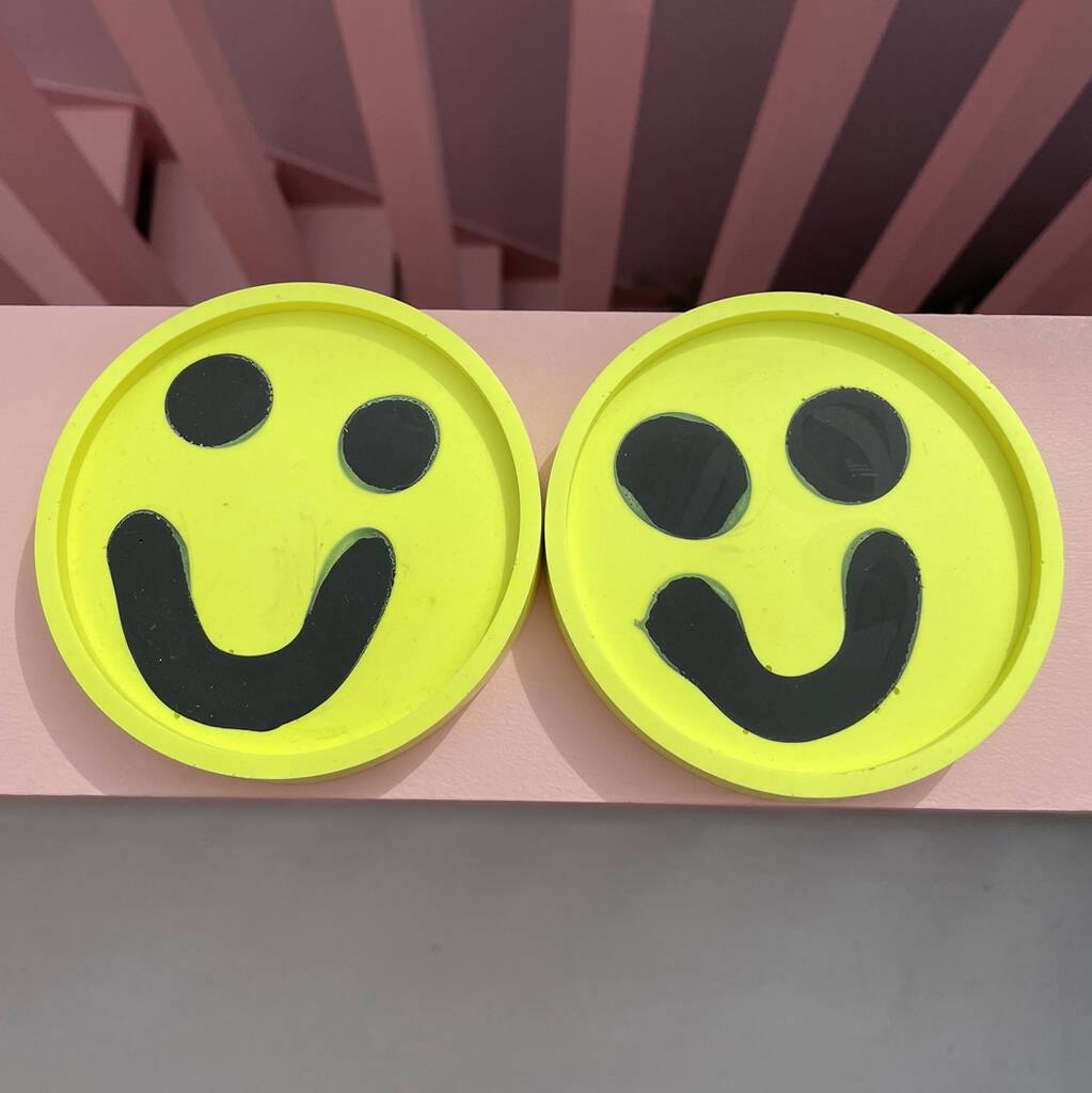 Smiley Face Coasters/ Trays Neon Yellow Set Of Two, 1 of 11