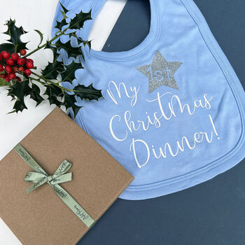My First Christmas Dinner Blue And Silver Bib, 3 of 4