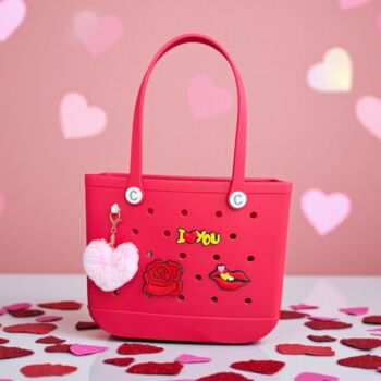 Ultimate Valentine’s Day Gift Set, Crocstyle Tote Bag, ‘Love’ Charms, Fluffy Heart Keyring, 4 of 12