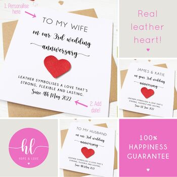 3rd Wedding Anniversary Card With Leather Heart, 2 of 8