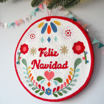 Punchneedle Feliz Navidad Kitsch Christmas Wreath, 7 of 7