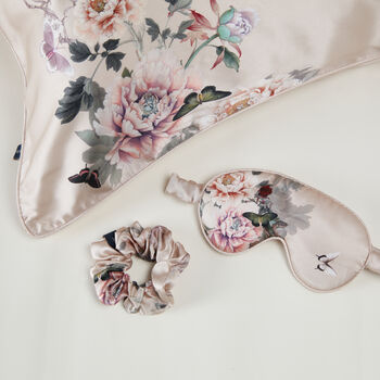 Silk Sleep Giftset Fleur Japonaise Pink Luxury Pillowcase Eye Mask And Scrunchie, 2 of 10