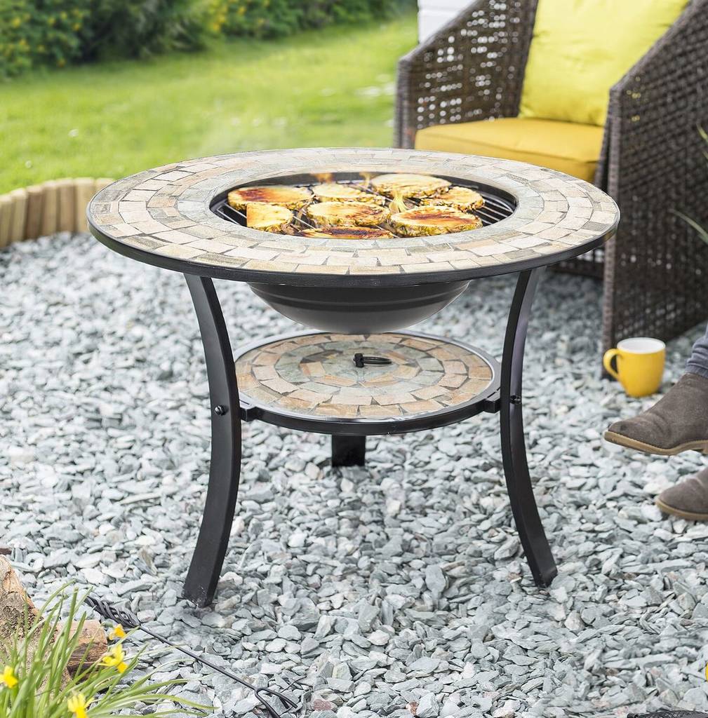 Mosaic Tiled Firepit With Grill And Shelf